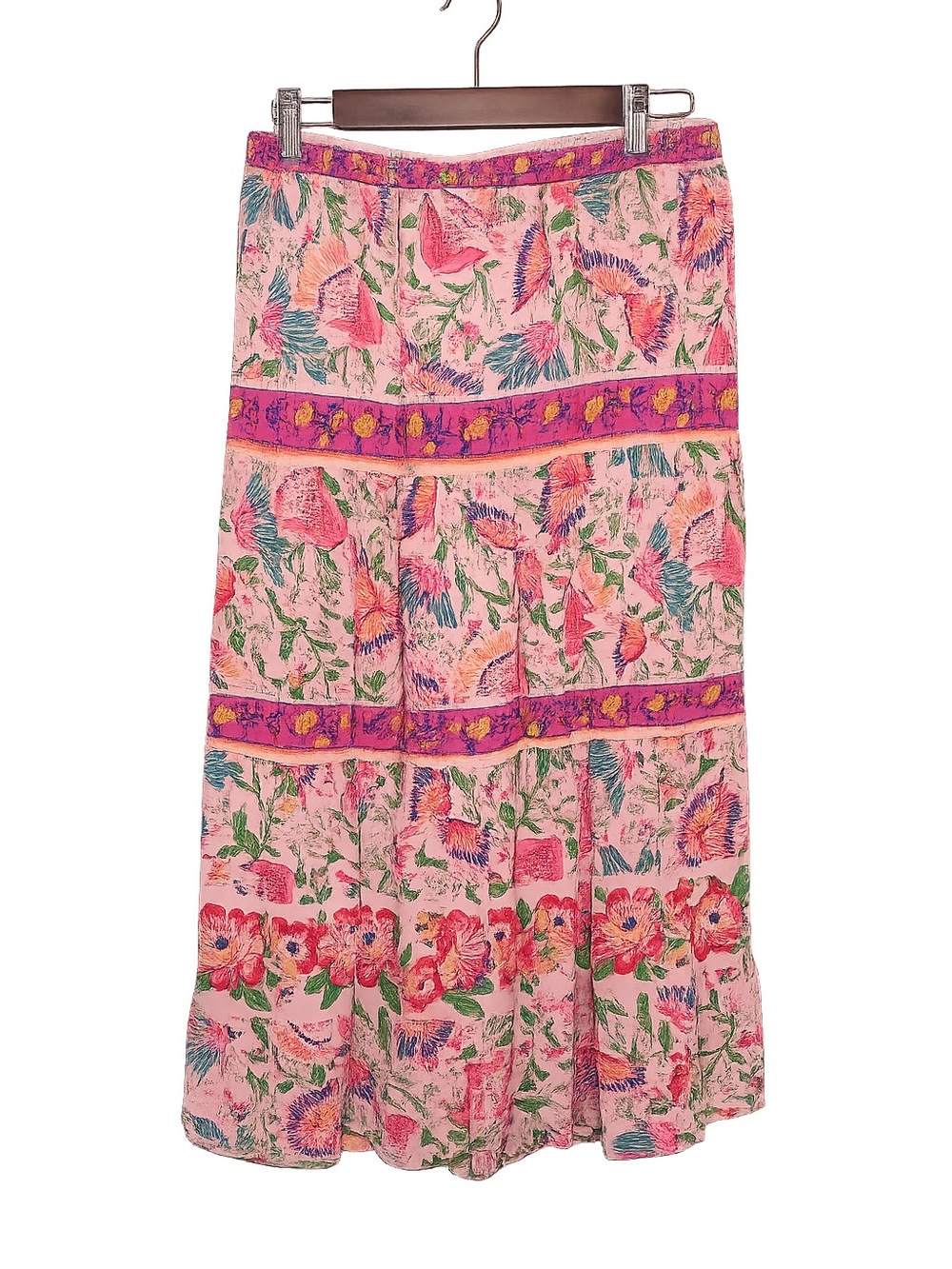Cynthia Rowley Pink Floral Bird Print Tiered Midi Skirt | Boho Cottagecore - Picture 2 of 8